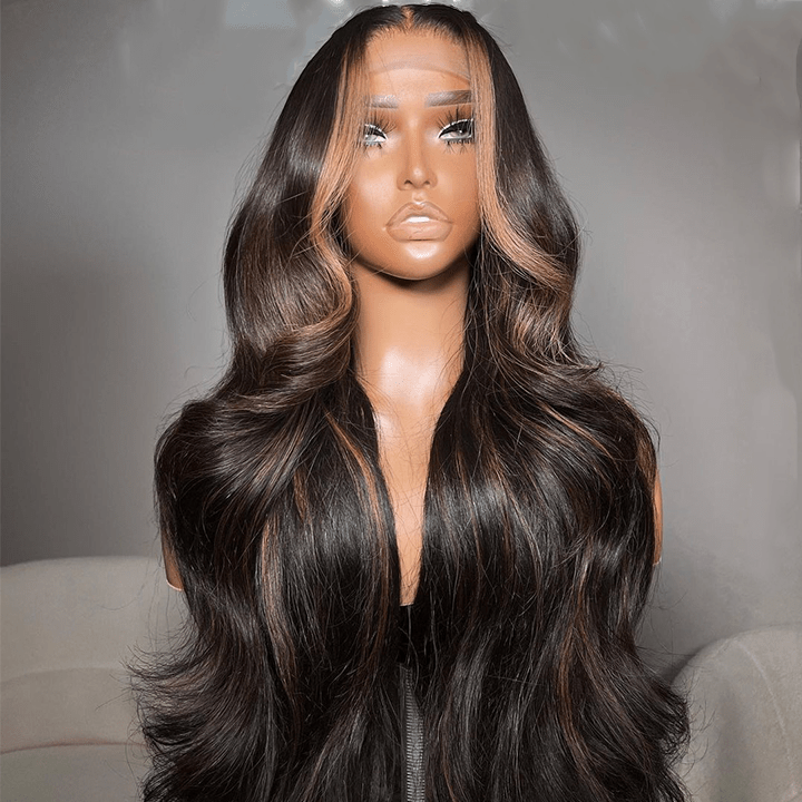 Lumma - Money Piece Brown Body Wave Human Hair Lace Wig | Transparent Lace Front | Glueless Skunk Stripe