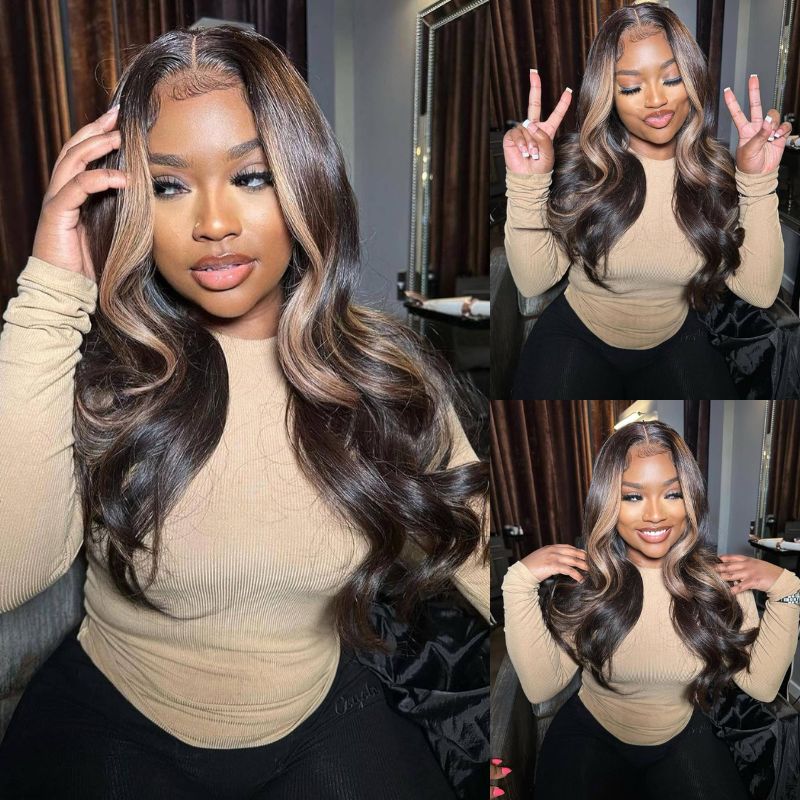 Lumma - Money Piece Brown Body Wave Human Hair Lace Wig | Transparent Lace Front | Glueless Skunk Stripe